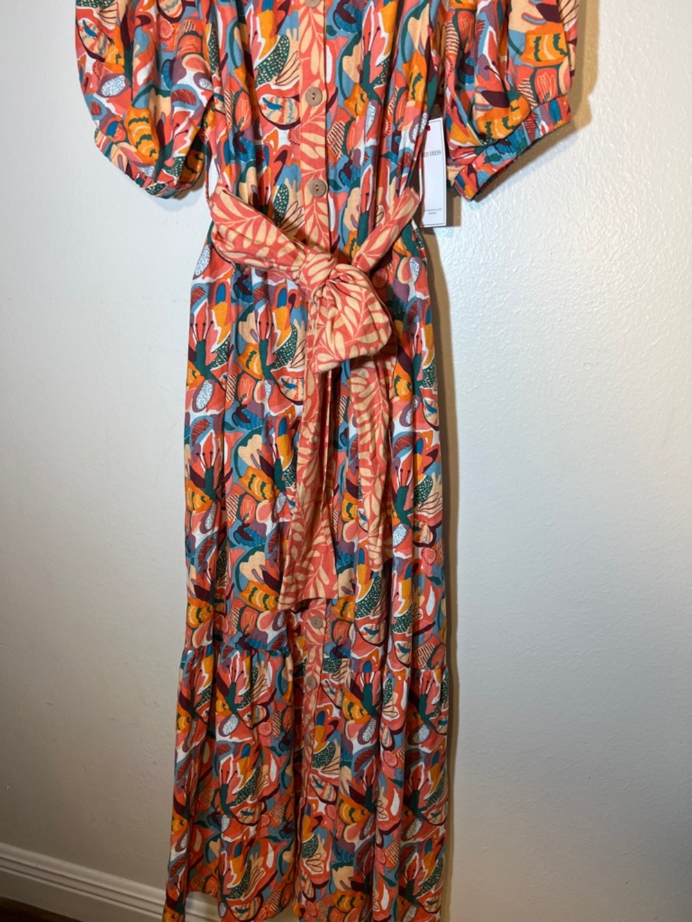 Aura Coral Aqua Multi-Print Off-Shoulder Puff Sleeve Maxi Linen Dress Tie S M - Picture 4 of 7